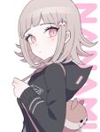  1girl animal_bag blush brown_hair cat_bag danganronpa_(series) danganronpa_2:_goodbye_despair flipped_hair galaga hair_ornament highres hood hood_down jacket long_sleeves looking_at_viewer medium_hair nanami_chiaki open_clothes pink_eyes ribbon shirt simple_background solo white_background 