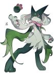  absurdres arm_up claws droopy_ears from_below green_fur hideko_(l33l3b) highres looking_down meowscarada pawpads pink_eyes pokemon pokemon_(creature) serious signature simple_background solo standing white_background 