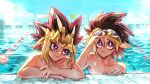  2boys bright_pupils eyelashes goggles goggles_on_head hair_between_eyes highres looking_up male_focus multicolored_hair multiple_boys mutou_yuugi namikaze_(dobbyka) parted_lips partially_submerged pectorals pool purple_eyes signature topless_male water wet wet_hair white_pupils yami_yuugi yu-gi-oh! yu-gi-oh!_duel_monsters 