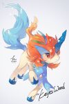  animal_focus blue_hair commentary commission full_body grey_background hideko_(l33l3b) highres hooves keldeo keldeo_(resolute) mane no_humans pokemon pokemon_(creature) red_eyes red_hair signature simple_background smile solo sparkle symbol-only_commentary twitter_username unicorn 
