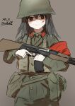  1girl absurdres armband assault_rifle black_hair blood blood_on_face buttons collared_shirt dated gun helmet highres injury kalashnikov_rifle long_hair miliki military_uniform original people&#039;s_liberation_army red_armband rifle shaded_face shirt signature simple_background trigger_discipline type_56_assault_rifle uniform weapon 