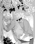  2boys blush closed_eyes clothes_pull greyscale hat highres jacket long_sleeves male_focus male_underwear mello79 monochrome multiple_boys pants pants_pull penis sex sex_from_behind shirt short_hair spy_x_family striped striped_shirt sweater twilight_(spy_x_family) underwear yaoi yuri_briar 