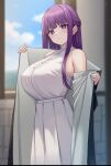 1girl blush breasts bright_pupils dress fern_(sousou_no_frieren) half_updo highres huge_breasts looking_at_viewer mijikayo_(user_eyyx8247) outdoors pleated_dress purple_eyes purple_hair robe sleeveless sleeveless_dress solo sousou_no_frieren two-sided_robe undressing white_dress white_pupils 