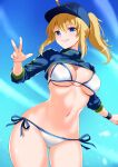  ahoge artoria_pendragon_(fate) baseball_cap bikini blonde_hair blue_background blue_eyes blue_headwear blue_jacket breasts cowboy_shot cropped_jacket engo_(aquawatery) fate/grand_order fate/stay_night fate_(series) gradient_background hair_through_headwear hat highres jacket large_breasts mysterious_heroine_xx_(fate) navel ponytail shrug_(clothing) side-tie_bikini_bottom swimsuit white_bikini wristband zipper_pull_tab 