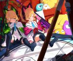  2girls absurdres animal_ear_headphones animal_ears black_skirt black_thighhighs blonde_hair blue_archive blush closed_eyes collared_shirt fake_animal_ears green_eyes green_halo gun halo headphones highres jacket midori_(blue_archive) momoi_(blue_archive) multiple_girls one_eye_closed open_clothes open_jacket peroro_(blue_archive) shirt short_hair siblings sisters skirt spice_mega thighhighs twins two-sided_fabric two-sided_jacket weapon white_shirt 