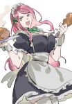  1girl apron black_dress cowboy_shot dress eyelid_piercing food green_ribbon holding holding_food holding_plate jewelry_bonney long_hair looking_at_viewer maid maid_apron maid_headdress neck_ribbon one_piece open_mouth piercing pink_hair pink_nails plate purple_eyes raine_(acke2445) ribbon sidelocks simple_background smoke solo swept_bangs thighhighs white_background wrist_cuffs 