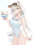  1girl :o absurdres animal_ears arknights aurora_(arknights) bear_ears bear_girl bear_tail blue_eyes breasts brown_headwear casual_one-piece_swimsuit cherry cowboy_shot cup ema_(kuguiema) eyewear_around_neck food fruit hair_over_one_eye highres holding holding_cup holding_spoon ice_cream ice_cream_float long_hair medium_breasts one-piece_swimsuit sideboob solo spoon sunglasses swimsuit tail visor_cap wafer_stick white_hair white_one-piece_swimsuit 