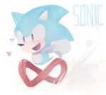  1boy animal_ears aoki_(fumomo) arm_up black_eyes blue_hair blush character_name chibi clenched_hand commentary_request dust english_text full_body furry furry_male gloves happy heart light_blush long_hair male_focus open_mouth partial_commentary running simple_background smile solo sonic_(series) sonic_the_hedgehog sonic_the_hedgehog_(classic) spiked_hair standing tail white_background white_gloves 