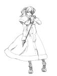  1girl absurdres akiyama_haru boots cane capelet coat commentary_request full_body fur-trimmed_capelet fur-trimmed_coat fur_trim greyscale hatching_(texture) highres holding holding_cane linear_hatching monochrome original sidelocks solo twintails 