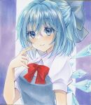  1girl 2424yume blue_bow blue_dress blue_eyes blue_hair bow cirno dress hair_bow highres ice ice_wings marker_(medium) neck_ribbon puffy_short_sleeves puffy_sleeves red_ribbon ribbon shirt short_sleeves simple_background smile solo touhou traditional_media white_shirt wings 