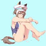  1girl absurdres animal_ears bare_shoulders barefoot blue_eyes blue_one-piece_swimsuit blush breasts cheval_grand_(umamusume) cleavage closed_mouth commentary_request ear_covers feet hair_between_eyes hakutaqanta hat highres horse_ears horse_girl horse_tail knees_up light_blue_background looking_at_viewer medium_breasts multicolored_hair one-piece_swimsuit peaked_cap simple_background smile solo streaked_hair swimsuit tail toes umamusume white_hair 