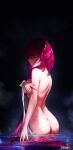  1girl absurdres ass back blue_eyes breasts covering_privates from_behind highres hololive hololive_english horns irys_(hololive) koukie long_hair looking_at_viewer looking_back medium_breasts nail_polish nude nude_cover partially_submerged pink_nails pointy_ears red_hair solo towel twitter_username very_long_hair virtual_youtuber water 