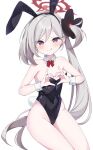  1girl alternate_costume animal_ears bare_legs bare_shoulders black_leotard blue_archive bow bowtie covered_navel fake_animal_ears fake_tail halo heart heart_hands highres leotard long_hair looking_at_viewer murase48 mutsuki_(kancolle) playboy_bunny purple_eyes rabbit_ears rabbit_tail red_bow red_bowtie red_halo side_ponytail simple_background solo tail thighs very_long_hair white_wrist_cuffs wrist_cuffs 