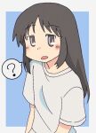  1_qtakasaki 1girl ? black_hair blue_background blush border brown_eyes long_hair looking_at_viewer minakami_mai nichijou no_eyewear open_mouth outside_border shirt simple_background solo speech_bubble upper_body white_border white_shirt 