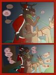  abdominal_bulge anal anal_penetration anthro antlers anus bambi bambi_(film) bell bell_collar bell_harness big_penis blurred_background blush bodily_fluids brown_body brown_eyes brown_fur brown_hair butt christmas clothed clothing collar comic costume deer dialogue digital_media_(artwork) disney dustin_c english_text erection father_(lore) fur genital_fluids genitals green_eyes group group_sex hair harness hi_res holidays horn jingle_bell jingle_bell_collar jingle_bell_harness leash looking_at_viewer male male/male male_penetrated male_penetrating male_penetrating_male mammal motion_lines nude open_mouth parent_(lore) penetration penis red_nose ronno santa_costume scut_tail sex short_tail shush smile speech_bubble tail text the_great_prince_of_the_forest threesome tongue topwear trio 