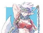  1girl axe breasts collar earrings grandia grandia_i hair_ornament headband holding holding_axe jewelry michibata_65 milda_(grandia) muscular muscular_female open_mouth pointy_ears protected_link purple_hair short_hair smile solo spiked_collar spikes weapon 