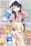  2girls ;d arm_up blonde_hair blue_eyes blue_hair blue_hairband bookshelf border bottle commentary_request couch cupboard dark_blue_hair drink gradient_hair gyo_noma hairband hand_on_own_head highres holding holding_bottle holding_drink hood hood_down hoshino_ichika_(project_sekai) indoors jacket kitchen kitchen_hood living_room looking_at_viewer multicolored_hair multiple_girls notice_lines one_eye_closed open_mouth pink_eyes pink_hair pink_jacket plant plastic_bottle pocari_sweat potted_plant product_placement project_sekai refrigerator shirt smile split_screen star_(symbol) table tenma_saki towel towel_on_head upper_body waving white_border white_shirt white_towel zipper 