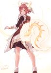  1girl animal_ears ankle_boots boots cowlick fire_emblem fire_emblem_heroes frilled_sleeves frills from_behind full_body glowing_ears glowing_tail gold_trim herdwicoco highres leather_belt looking_at_viewer ratatoskr_(fire_emblem) solo squirrel_ears squirrel_girl squirrel_tail tail white_wrist_cuffs 