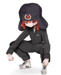  1girl adidas bandaid bandaid_on_face black_pants drill_hair fur_hat gopnik hat highres jacket kasane_teto light_blush long_sleeves looking_at_viewer pants red_eyes red_hair red_star shoes slav_squatting sneakers solo squatting star_(symbol) track_suit twin_drills twitter_username ushanka utau white_background white_sneakers 