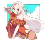  1girl blush cape commentary_request edelgard_von_hresvelg edelgard_von_hresvelg_(summer) fire_emblem fire_emblem:_three_houses fire_emblem_heroes floating_hair flower forehead hair_flower hair_ornament hair_ribbon jewelry long_hair looking_at_viewer necklace official_alternate_costume one-piece_swimsuit palmijano purple_eyes purple_ribbon red_cape red_one-piece_swimsuit ribbon solo swimsuit white_flower white_hair 