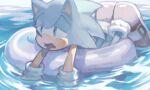  1boy afloat animal_ears animal_nose aoki_(fumomo) blue_fur blue_hair body_fur commentary_request day furry furry_male green_eyes half-closed_eyes hot innertube long_hair lying male_focus on_stomach open_mouth outdoors partial_commentary red_footwear shoes socks solo sonic_(series) sonic_the_hedgehog spiked_hair tongue tongue_out water white_socks 
