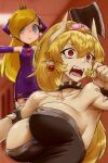  2girls areola_slip arm_up armlet armpits arms_up axe bare_shoulders blonde_hair blue_eyes blurry blurry_background blush_stickers bouncing_breasts bowsette bracelet breasts brooch closed_mouth collar covered_nipples crown double-parted_bangs dress earrings fangs fingernails fleeing furrowed_brow hair_between_eyes haraya_manawari highres horns indoors jewelry large_breasts long_hair looking_at_another mario_(series) mario_power_tennis mario_tennis meme meme_request microdress mini_crown multiple_girls new_super_mario_bros._u_deluxe open_mouth outstretched_arms pointy_ears red_eyes ringed_eyes running scared sleeveless sleeveless_dress slit_pupils spiked_armlet spiked_bracelet spiked_collar spikes spread_arms staring strapless super_crown sweat unaligned_breasts very_long_hair warupeach wide-eyed 