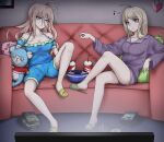  2girls 7cs_(congchuabuoito) ahoge akamatsu_kaede alternate_costume antenna_hair bare_legs bare_shoulders blonde_hair blue_shorts breasts character_print collarbone couch danganronpa_(series) danganronpa_v3:_killing_harmony detached_sleeves food hair_between_eyes heart highres iruma_miu knee_up large_breasts long_hair multiple_girls musical_note pillow popcorn purple_shirt shirt short_sleeves shorts sitting smile spongebob_squarepants_(character) stuffed_animal stuffed_mouse stuffed_toy the_spongebob_squarepants_movie 