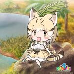  1girl animal_ears blonde_hair bow bowtie cat_ears cat_girl cat_tail chinese_text copyright_name elbow_gloves extra_ears fang gloves highres kemono_friends kemono_friends_3 kurokw_(style) looking_at_viewer nature official_art open_mouth outdoors sand_cat_(kemono_friends) shirt shoes short_hair skirt sleeveless sleeveless_shirt solo tail yellow_eyes 