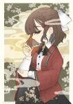  1girl absurdres asahi_(kancolle) black_hakama braid cigarette coat collared_shirt grey_eyes hair_ribbon hakama highres holding holding_cigarette japanese_clothes kantai_collection long_sleeves mole mole_under_mouth nami_nami_(belphegor-5812) red_coat ribbon shirt short_hair single_braid smoking solo white_ribbon white_shirt 