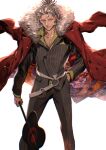  1boy absurdres coat fate/grand_order fate_(series) fur-trimmed_coat fur_trim hair_pulled_back half_updo hand_in_pocket highres jacket jacket_on_shoulders male_focus miwa_shirow red_coat solo striped striped_jacket striped_suit suit takeda_shingen_(fate) war_fan white_background white_hair 