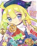  1girl ahoge blonde_hair blue_eyes blue_headwear blue_robe blush_stickers border candy capelet checkerboard_cookie closed_mouth cookie dated doradorakingyo food holding holding_candy holding_food holding_lollipop index_finger_raised jack-o&#039;-lantern lollipop long_hair looking_at_viewer paprisu_(puyopuyo) puyo_(puyopuyo) puyopuyo puyopuyo_quest red_ribbon ribbon robe smile solo star_(symbol) swirl_lollipop white_border white_capelet witch_(puyopuyo) wrapped_candy 