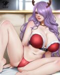  1girl antlers arm_support artist_name backlighting bare_shoulders barefoot belt belt_buckle bra breasts buckle camilla_(fire_emblem) choker christmas cleavage collarbone fingernails fire_emblem fire_emblem_fates fur-trimmed_bra fur_trim gold_choker hair_over_one_eye huge_breasts kaos_art leaning_to_the_side long_hair navel panties patreon_username purple_eyes purple_hair red_bra red_panties reindeer_antlers sitting solo spread_legs stomach thighs underwear very_long_hair 