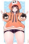  1girl bike_shorts black_gloves black_shorts brown_eyes brown_hair cabbie_hat double_v fingerless_gloves gloves guilty_gear guilty_gear_strive hat hat_ornament highres hood hoodie its_just_suppi long_hair looking_at_viewer may_(guilty_gear) orange_headwear orange_hoodie shorts skull_and_crossbones skull_hat_ornament smile v 