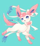  :o animal_focus blue_background blue_eyes bow commentary_request full_body hideko_(l33l3b) highres leg_up no_humans open_mouth pokemon pokemon_(creature) ribbon signature simple_background solo standing sylveon twitter_username walking 