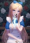  1girl absurdres alice_(alice_in_wonderland) alice_(alice_in_wonderland)_(cosplay) alice_in_wonderland blonde_hair blue_eyes blue_headwear blue_ribbon card cosplay hair_ribbon highres holding holding_card holding_pocket_watch kamikoshi_sorawo long_hair looking_at_viewer nishina_toriko playing_card pocket_watch retyutyu_tyu ribbon solo transparent_hand urasekai_picnic watch 