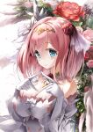  asalilysuke blue_eyes breasts cleavage feather_hair_ornament feathers flower gloves hair_flower hair_ornament highres large_breasts light_smile own_fingers_together pink_flower pink_hair pink_rose princess_connect! red_flower red_rose rose white_gloves yui_(princess)_(princess_connect!) yui_(princess_connect!) 