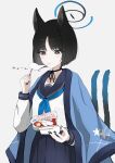  1girl absurdres animal_ears black_hair blue_archive blue_neckerchief blue_skirt blush cat_ears cat_tail eating fingernails food halo haori highres holding holding_food ice_mochi_(food) japanese_clothes kikyou_(blue_archive) looking_at_food mitsumoto_amata mochi multiple_tails nail_polish neckerchief pleated_skirt school_uniform serafuku short_hair simple_background skirt solo string_around_neck tail white_background 