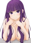  1girl blunt_bangs blush breasts closed_mouth collarbone commentary_request completely_nude fern_(sousou_no_frieren) hair_over_breasts hinata_masaki large_breasts long_hair nude paid_reward_available purple_eyes purple_hair sidelocks simple_background smile solo sousou_no_frieren straight_hair white_background 