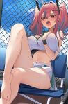  1girl azur_lane bare_shoulders barefoot bench black_bra blue_sky blush bra breasts bremerton_(azur_lane) bremerton_(scorching-hot_training)_(azur_lane) chain-link_fence cleavage cloud commentary_request crop_top crop_top_overhang day fence green_skirt grey_hair hair_between_eyes hair_intakes hair_ornament hand_on_own_chest highres large_breasts leg_up long_hair looking_at_viewer mole mole_under_eye multicolored_hair navel navel_piercing official_alternate_costume open_mouth outdoors piercing pink_eyes pink_hair racket see-through see-through_shirt shadow shirt sidelocks sitting skirt sky sleeveless sleeveless_shirt soar_sora222 solo sportswear stomach streaked_hair sweat tennis_court tennis_racket tennis_uniform twintails two-tone_hair two-tone_shirt two-tone_skirt underwear wet wet_clothes wet_shirt white_shirt white_skirt x_hair_ornament 