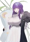  1girl absurdres black_robe blunt_bangs breasts character_pillow dakimakura_(object) dress fern_(sousou_no_frieren) frieren hair_tie_in_mouth highres holding holding_pillow large_breasts long_hair looking_at_viewer mouth_hold pillow purple_eyes purple_hair robe solo sousou_no_frieren very_long_hair white_dress willow_(user_xagu3384) 