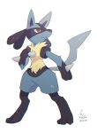  absurdres animal_focus full_body hand_up hideko_(l33l3b) highres light_particles looking_to_the_side lucario no_humans pokemon pokemon_(creature) red_eyes signature simple_background slit_pupils solo spikes standing twitter_username white_background yellow_fur 