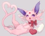  animal_focus bow bowtie espeon fang forehead_jewel full_body gem grey_background happy heart heart_pillow hideko_(l33l3b) highres lying no_humans on_back open_mouth pillow pokemon pokemon_(creature) purple_eyes red_bow red_gemstone signature simple_background smile solo twitter_username valentine 