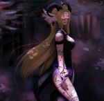  1girl arm_tattoo black_choker black_skirt blonde_hair blood breasts choker facial_tattoo feathered_wings forest glowing glowing_eyes head_wings highres horns large_breasts leg_tattoo long_hair looking_at_viewer medium_breasts nature original pov reaching reaching_towards_viewer red_eyes skirt solo tattoo thighs valkyrie virtual_youtuber wings 