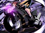  1girl artist_name azure_striker_gunvolt azure_striker_gunvolt_3 brown_hair earrings highres ishigaki02 jewelry kirin_(gunvolt) motor_vehicle motorcycle multicolored_hair red_hair solo tagme 