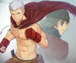  2boys abs aragaki_shinjirou bandaid bandaid_on_face bandaid_on_forehead bara beanie belt black_hair boxing_gloves brown_pants cape coat commentary_request fingerless_gloves gloves goatee_stubble hat jigoku_meguri knife looking_at_viewer male_focus multiple_boys multiple_scars muscular muscular_male pants pectorals persona persona_3 red_cape red_coat sanada_akihiko scar scar_on_arm scar_on_cheek scar_on_face smile topless_male white_hair 