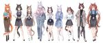  6+girls absurdres alternate_costume animal_ears black_footwear black_hair black_shirt black_skirt brown_hair closed_mouth coat daiwa_scarlet_(umamusume) dress emyo full_body gold_ship_(umamusume) green_eyes green_footwear grey_coat grey_pants hair_over_one_eye hairband hand_on_own_hip high-waist_skirt high_heels highres horse_ears horse_girl horse_tail id_card kitasan_black_(umamusume) long_hair long_sleeves looking_at_viewer mejiro_mcqueen_(umamusume) multicolored_hair multiple_girls office_lady open_mouth orange_hair pants purple_eyes purple_hair red_eyes satono_diamond_(umamusume) shirt short_hair sidelocks silence_suzuka_(umamusume) simple_background skirt smile socks special_week_(umamusume) standing streaked_hair tail tokai_teio_(umamusume) twintails umamusume vodka_(umamusume) white_background white_hair white_shirt white_socks 