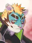  1boy animal_ears aoi_(aoi_tachi0) bara blonde_hair blush commentary_request ear_piercing facial_mark furry furry_male gradient_background green_eyes highres live_a_hero looking_down male_focus piercing rexer_(live_a_hero) smile tiger_boy tiger_ears tiger_stripes upper_body whisker_markings 