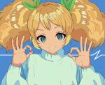  1girl aikatsu! aikatsu!_(series) blonde_hair blue_background blue_eyes blue_sweater bow film_grain green_bow grin hair_bow highres looking_at_viewer ok_sign pink_nails saegusa_kii semham short_hair short_twintails simple_background smile solo sweater tareme turtleneck turtleneck_sweater twintails upper_body 