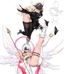  2b_(nier:automata) 2girls absurdres angel_wings angewomon ass asymmetrical_clothes bare_shoulders black_blindfold blindfold blonde_hair breasts cleavage cosplay costume_switch covered_eyes crossover digimon digimon_(creature) digimon_adventure elbow_gloves feathered_wings gloves hairband head_wings helmet highres large_breasts long_hair long_sleeves mole mole_under_mouth multiple_girls multiple_wings nier:automata nier_(series) pod_(nier:automata) puffy_sleeves short_hair tailmon thick_thighs thigh_strap thighhighs thighs white_hair winged_helmet wings wonbin_lee 