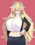  1girl abs barghest_(fate) black_jacket blonde_hair breasts crop_top crop_top_overhang fate/grand_order fate_(series) green_eyes grey_pants highres huge_breasts jacket long_hair long_sleeves looking_at_viewer midriff navel one_eye_closed open_clothes open_jacket pants solo sweater toned white_sweater yononaka 